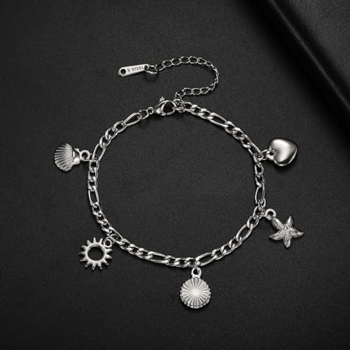 Jude Jewelers Stainless Steel Summer Holiday Clam Sun Heart Charms Strand Bracelet - color: Silver