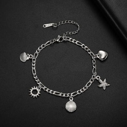 Jude Jewelers Stainless Steel Summer Holiday Clam Sun Heart Charms Strand Bracelet - color: Silver