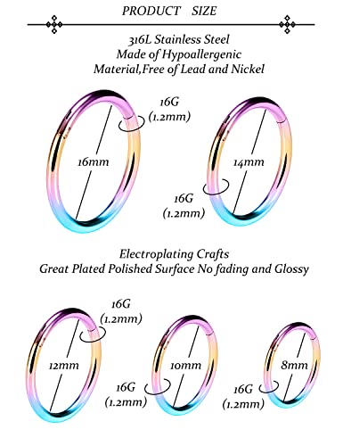 Vsnnsns 14G 16G Septum Nose Rings Hoops Lip Ring Piercing Jewelry 316L Surgical Steel Hinged Segment Clicker Cartilage Tragus Helix Conch Rook Daith Lobe Earrings Hoops Piercing Jewelry for Women Men - color: 16G-Rainbow