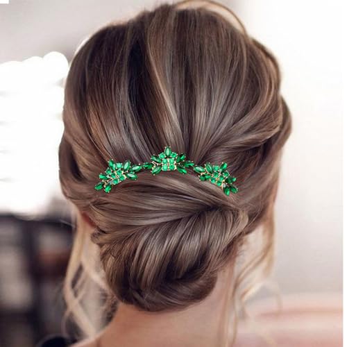 Bridal Crystal Hair Piece with Comb 3 Pieces Small Rhinestone Wedding Gold Hair Pins Accessories for Women Girls (Green) - color: Green