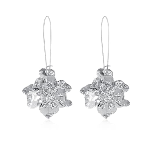 Bohemian Daisy Flower Matte Floral Long Petal Drop Dangle Earrings Layered Tiered for Women Chic Boho Wedding Jewelry - color: Silver
