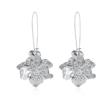 Bohemian Daisy Flower Matte Floral Long Petal Drop Dangle Earrings Layered Tiered for Women Chic Boho Wedding Jewelry - color: Silver
