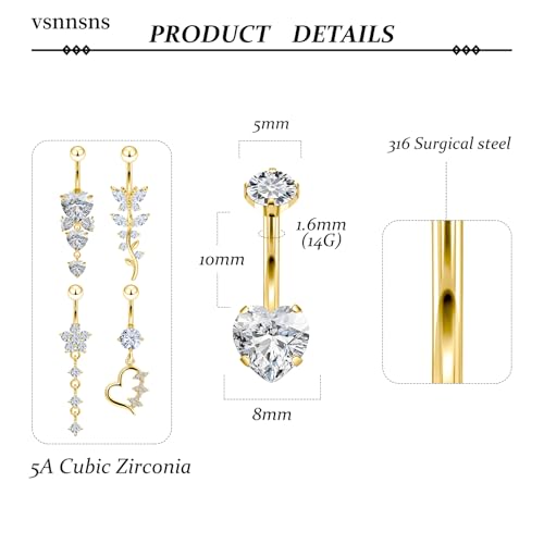 Vsnnsns 14G Dangle Belly Button Ring Piercing Jewelry 316L Stainless Surgical Steel Navel Rings Cubic Zirconia Heart Flower CZ Dangling Belly Button Ring Piercing Jewelry for Women 14 Gauge - color: Gold-Clear CZ
