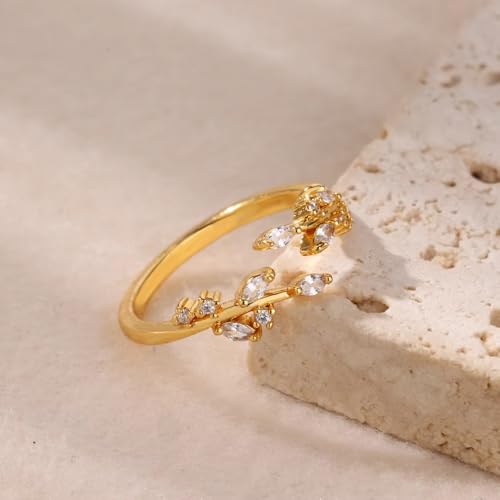 Gold Rings Non Tarnish Silver Adjustable Rings for Women Cubic Zirconia Leaf Ring Dainty Silver Stackable Ring for Women - style: gold