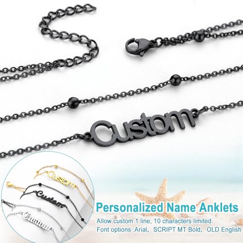 U7 Custom Layered Ankle Bracelets for Women Stainless Steel Bead/Cuban/Figaro/Rope/Wheat Chain Anklet Waterproof Anklet Jewelry for Beach Vacation - color: c-Black-Bead Chain