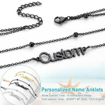 U7 Custom Layered Ankle Bracelets for Women Stainless Steel Bead/Cuban/Figaro/Rope/Wheat Chain Anklet Waterproof Anklet Jewelry for Beach Vacation - color: c-Black-Bead Chain