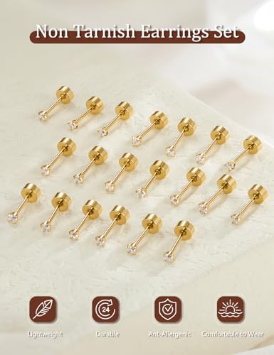 SIISPRI 10 Pairs Tiny Cartilage Stud Earrings for Women Men 14K Gold Plated Surgical Stainless Steel Flat Back Earrings Hypoallergenic Cubic Zirconia Studs Earrings 2mm 3mm Tragus Helix Daith Piercing - color: 2mm-Gold-10pair