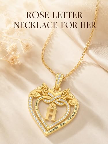 14K Gold Initial Letter Rose Heart Pendant Necklace for Women, Anniversary Birthday Jewelry Gifts for Wife Mom Grandma Sister Daughter, I Love You for Always And Forever - style: 14K Gold-H