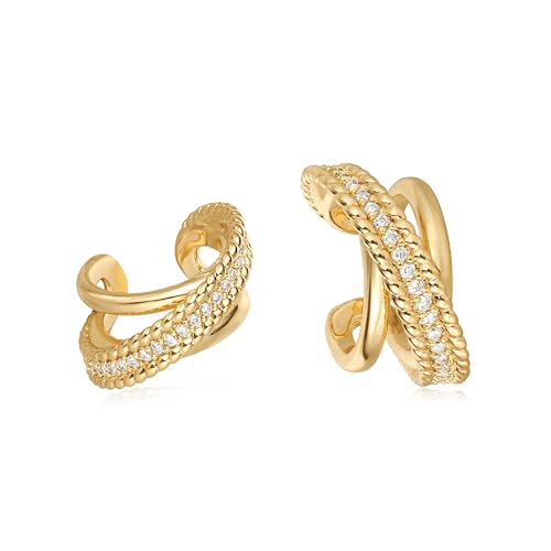 Bemoly Ear Cuff Earrings for Women 14K Gold Plated Cubic Zirconia Dangle Huggie Ear Cuffs Non Piercing | Clip On Cartilage - style: Rope Split Trio