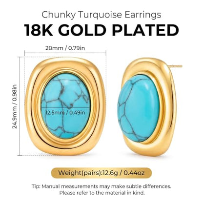 Chunky Gold Stud Earrings for Women 18K Gold Plated Hypoallergenic Chunky Statement Earrings Big Natural Crystal Stone Earring Gift for Women - color: Turquoise