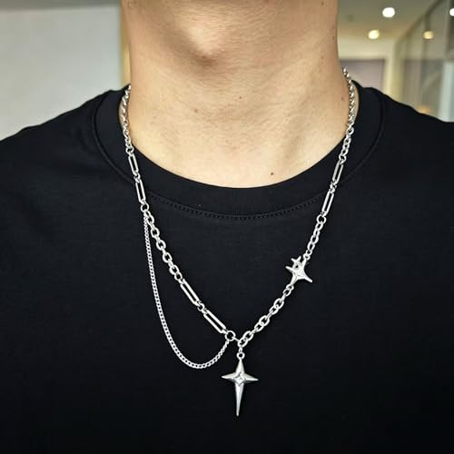 Gothic Cross Star Necklace For Men Women Silver Stainless Steel Cuban Link Paperclip Figaro Bead Chain Punk Kpop Y2k Goth Irregular Layered Cross Pendant Necklace Non Tarnish Jewelry Gift - color: Silver G