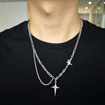 Gothic Cross Star Necklace For Men Women Silver Stainless Steel Cuban Link Paperclip Figaro Bead Chain Punk Kpop Y2k Goth Irregular Layered Cross Pendant Necklace Non Tarnish Jewelry Gift - color: Silver G