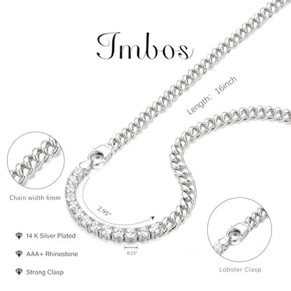 IMBOS 14K Gold Plated Chunky Chain Choker Necklaces for Women Chunky Gold Necklace Tennis Necklace for Women CZ Love Chain Cuban Link Choker Jewelry Gifts - color: Silver-Chunky Tennis