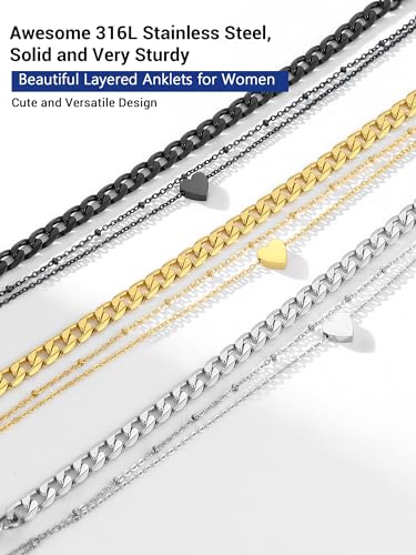 PROSTEEL Trendy Handcuffs Design/Customize Words Ankle Bracelet For Women, 316L Stainless Steel Anklets Silver/Gold/Black Tone, Hypoallergenic, Come with Box - style: 05.2 Layered-Cuban&Heart-Gold