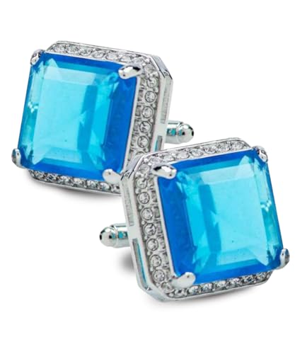 Large Big Square Crystal Color Stone Cuff Links for Men – Tuxedo Suit Accessories, Cufflinks for Men - style: Turquoise/Silver
