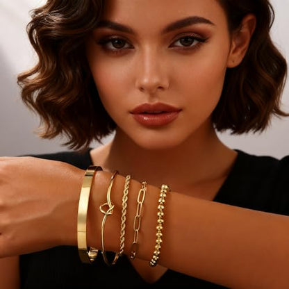 Gold Bangle Bracelets for Women Non Tarnish, 18k Gold Bracelet Stack Layered Chunky Cuff Bracelet Knot Cross Bowknot Bracelets Trendy Jewelry Set for Women Gifts - color: S02