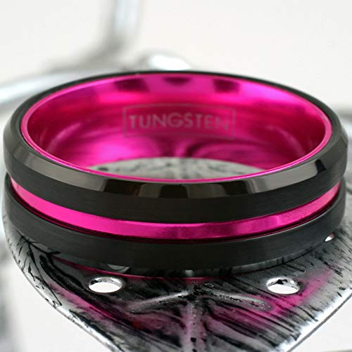 Fantabulous 6mm/8mm Brushed Satin Finish Black Tungsten Carbide Band Ring w/Hot Pink Stripe & Hot Pink Anodized Aluminum Inner Band feat. Comfort Fit.