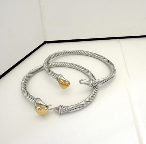 Adjustable Twist Stainless Steel Cable Wire 14K Gold Plated Love Heart Charm Bracelets Friendship Open Bangle Wrist Cuff for Women Men