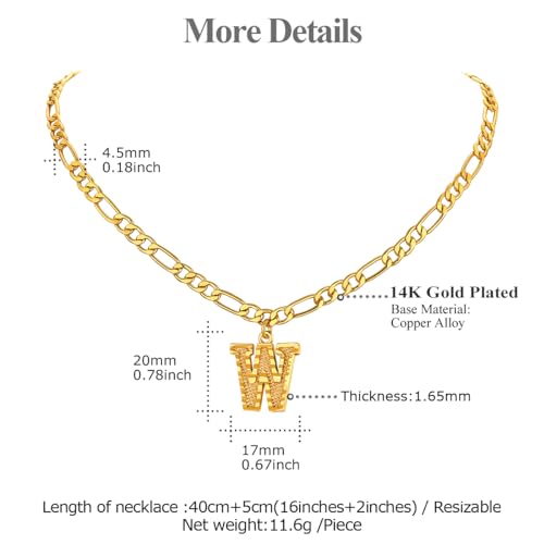 14K Gold Plated Initial Necklaces for Women Men A-Z Letter Necklaces | Figaro Chain, 16"+2" Adjustable Length, with Gift Box - style: W