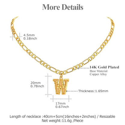 14K Gold Plated Initial Necklaces for Women Men A-Z Letter Necklaces | Figaro Chain, 16"+2" Adjustable Length, with Gift Box - style: W
