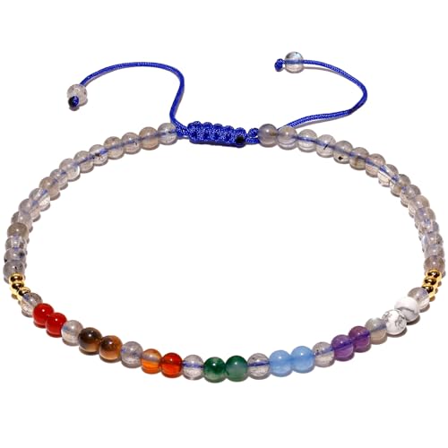 Colorful 7 Chakra Gemstones Beaded Anklet for Women Foot Jewelry | Adjustable 8.5-10 in, Ankle Bracelets for Women, Handmade, Positive Energy, Balance, Yoga, Meditation, Beach, Party, Vacation - style: Moonstone