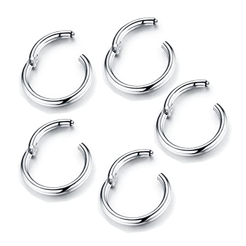 5Pcs Stainless Steel 16G 18G Sleeper Hoop Earrings for Women Men Septum Hinged Clicker Nose Lip Ring Helix Daith Cartilage Tragus Piercings Tiny Small Huggie Hoops Hypoallergenic Sensitive Ears Jewelry - style: 10mm in silver 18G