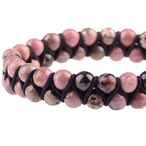 MASSIVE BEADS Double Layer Natural Chakra Healing Power Crystals Macrame Bracelet Yoga Stone Beads Gemstone Meditation Relax Anxiety Bangle for Unisex Women Men - color: Pink Black Rhodonite, size: 6mm