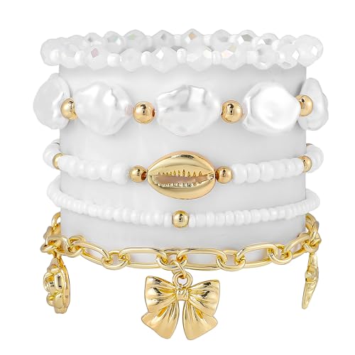 Summer Surfer Heishi Bracelet Set for Women Stackable Gold Plated Clay Ploymer Bead Stretch Pink Beach Layering Bracelets Jewelry - color: A-Q 5PCS