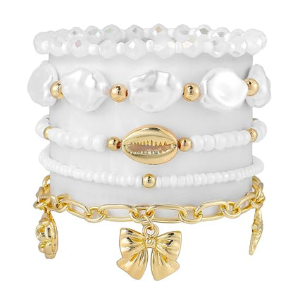 Summer Surfer Heishi Bracelet Set for Women Stackable Gold Plated Clay Ploymer Bead Stretch Pink Beach Layering Bracelets Jewelry - color: A-Q 5PCS