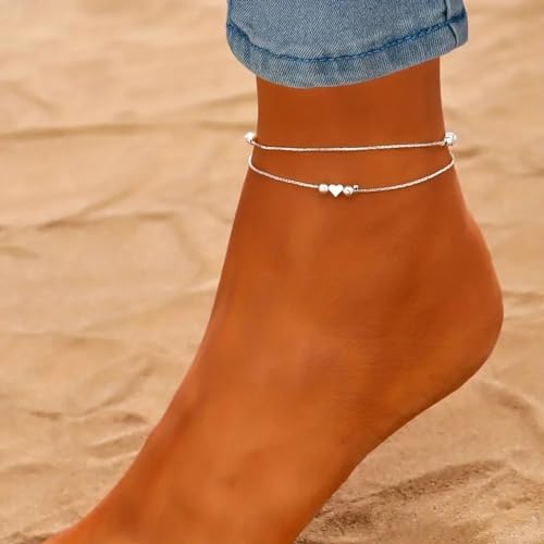 Fesciory Women Heart Anklet Adjustable Beach Layered Ankle Bracelets for Women Gold Alloy Foot Chain Jewelry - color: 3 Hearts(Silver)