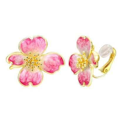 Clip on Earrings Women, 14K Gold Plated Earrings for Sensitive Ears, Fashion Women's Earrings Jewelry Birthday Gift for Wife Grandma Daughter Girls on Christmas Thanksgiving - color: Pink Enamel Earrings