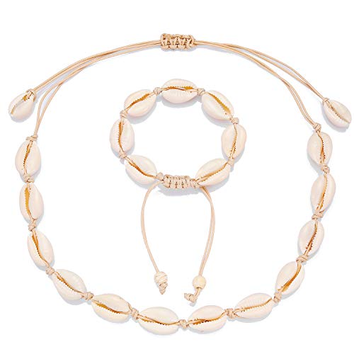 Starain 2Pcs Shell Necklace Anklet for Women Handmade Adjustable Puka Beach Shell Necklace Set - color: A-White