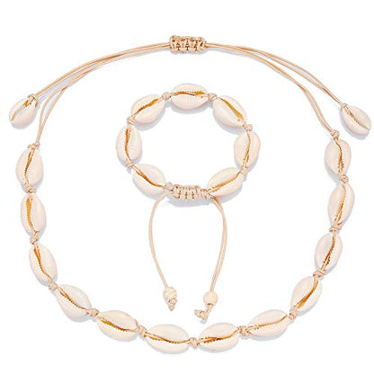 Starain 2Pcs Shell Necklace Anklet for Women Handmade Adjustable Puka Beach Shell Necklace Set - color: A-White