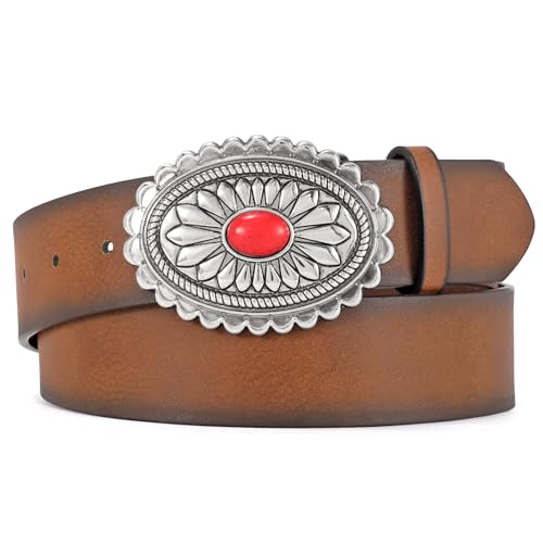 XZQTIVE Women Western Leather Belt Vintage Country Belts For Cowgirl Jeans Dresses Ladies Concho Belt With Turquoise Buckle - size: S Fit Pant 25-29in, style: Coffee With Silver Ruby Buckle