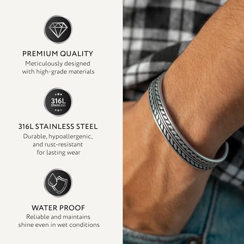 Cuff Bracelet for Men Premium Stainless Steel Mens Bangle Bracelets Silver Cuff Bracelet Waterproof & Non-Tarnish Minimal Western Bracelet - color: Native Feather, size: XS/Small