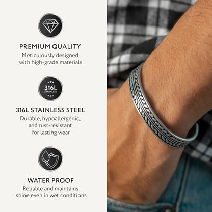 Cuff Bracelet for Men Premium Stainless Steel Mens Bangle Bracelets Silver Cuff Bracelet Waterproof & Non-Tarnish Minimal Western Bracelet - color: Native Feather, size: Medium