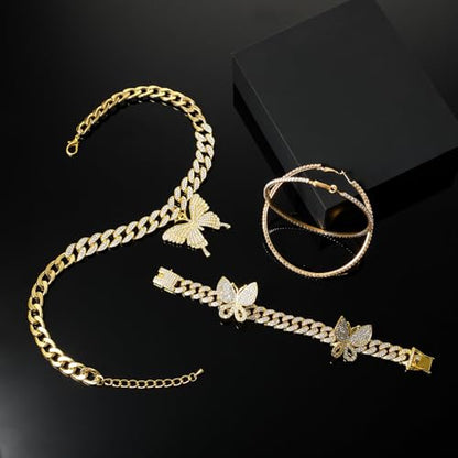 3 Pcs Butterfly Cuban Jewelry Set Cuban Link Chain Necklace for Women Rhinestone Pendant Necklace Bracelet Large Hoop - color: Bright Gold, style: Classic