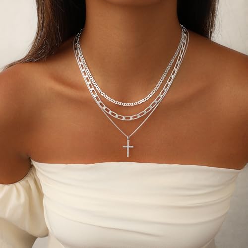 Layered Gold Cross Necklaces for Women, Stack Stackable 14K Gold/Silver Plated Cubic Zirconia Pendant Necklace Set Dainty Choker Layering Necklaces for Women Faith Jewelry Religious Gift - style: Silver-1