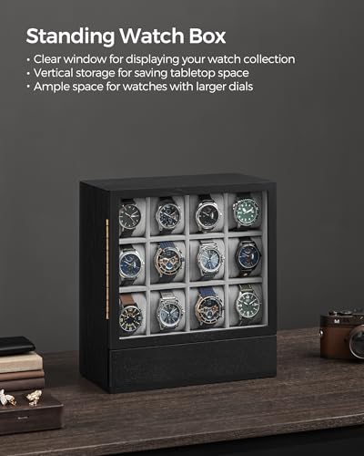 SONGMICS Watch Box 12-Slot Watch Display Case with Window | Solid Wood Veneer, Velvet Lining, Vertical Storage, Space Saving, Gift Idea, Ebony Black, UJOW014B01 - color: Ebony Black, size: 12 Slot