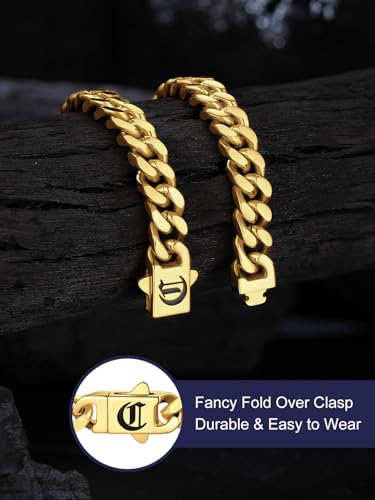 Bandmax Mens Hip Hop Cuban Link Bracelets 5/7/9/12MM Stainless Steel Miami Curb Chain Bracelet Silver/Gold Plated/Black Wristlet Chains for Men 7"-9" - color: 18 7MM Gold-Custom