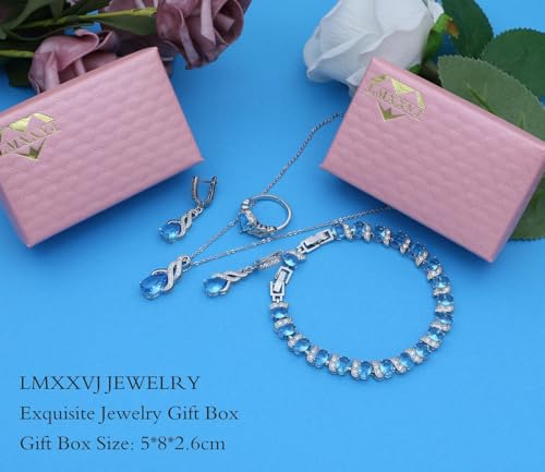 LMXXVJ Jewelry Set for Women,Teardrop Cubic Zirconia Necklace Earrings Adjustable Ring Bracelet Jewelry Set Formal Jewelry Gift - color: MHSD-White Gold-Sky Blue
