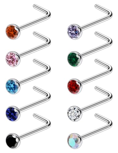 Ruifan ASTM F136 Titanium Nose Rings 18G 20G 22G Jeweled Mix Color Cubic Zirconia Nose Studs Ring Screw L-Shaped Bone Hypoallergenic Body Piercing Jewelry for Women 1.5mm 2mm 2.5mm 3mm 10PCS - style: L-Shaped:22G(0.6mm)-2mm CZ