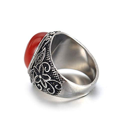 Retro Unisex Stainless Steel Oval Gemstone Hollow Flower Carved Signet Ring - color: Silver-Red