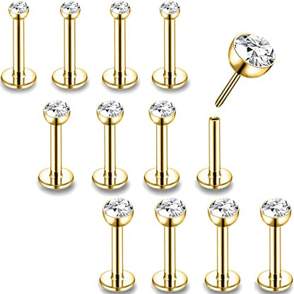 PunkTracker 16g/18g/20g Threadless Lip Rings Tragus Earrings Surgical Steel | Helix Conch Cartilage Earrings Monroe Piercing Jewelry for Women Men Labret Studs - color: 16G, Gold, Round CZ, 12mm Length