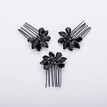 Teyglen Simple Rhinestones Crystal Bride Wedding Hair Comb Set Handmade Red Blue Black Crystal Side Hair Combs Bridal Hair Jewelry Set for Women Bride Girls (Black) - color: Black