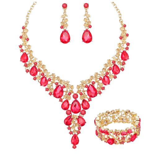 CSY Elegant Crystal Costume Jewelry Sets Flower Bridal Necklace Earrings Stretch Bangle Set for Bride Bridesmaid Wedding Dress Accessories - color: Red crystal-gold tone