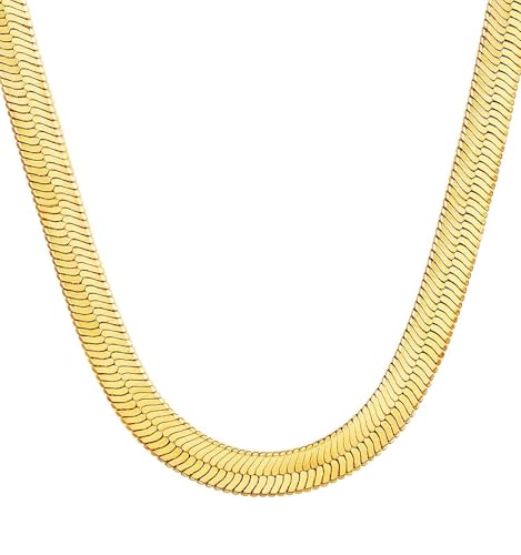DEARMAY 14K Gold Plated Herringbone Necklaces for Women, Dainty Gold Snake Choker Chain Non Tarnish Trendy Simple Thin & Chunky Options Neckalce 1.5/3/5/6/8mm Chain Jewelry for Gifts - color: 5MM 18"-GD Herringbone Necklace