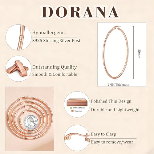 2mm Thin 14K Gold Plated Large S925 Sterling Silver Hoop Earrings for Women Hypoallergenic Big Hoop Non Tarnish Earrings Lightweight 20/30/40/50/60/70mm - color: Rose Gold-50mm