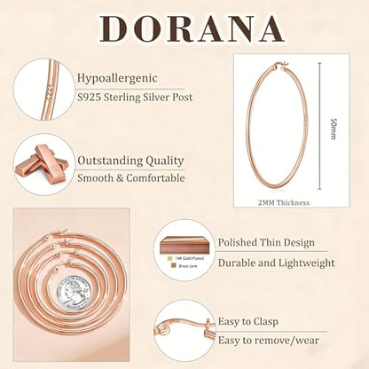 2mm Thin 14K Gold Plated Large S925 Sterling Silver Hoop Earrings for Women Hypoallergenic Big Hoop Non Tarnish Earrings Lightweight 20/30/40/50/60/70mm - color: Rose Gold-50mm