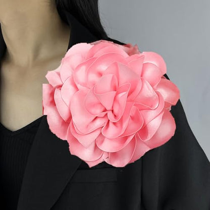 Dainty Satin Fabric Rose Flower Brooches 7.5in Extra Large Big Camellia Flower Brooches Lapel Pins for Women Wedding Party Dance Dress Clothes Accessories - color: Light Pink